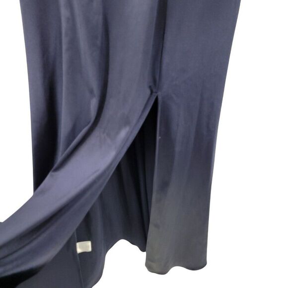 City Vibe Satin Navy Blue Feather-Shoulder Formal Gown Sz 9 Front Slit Prom Gala - Picture 10 of 12